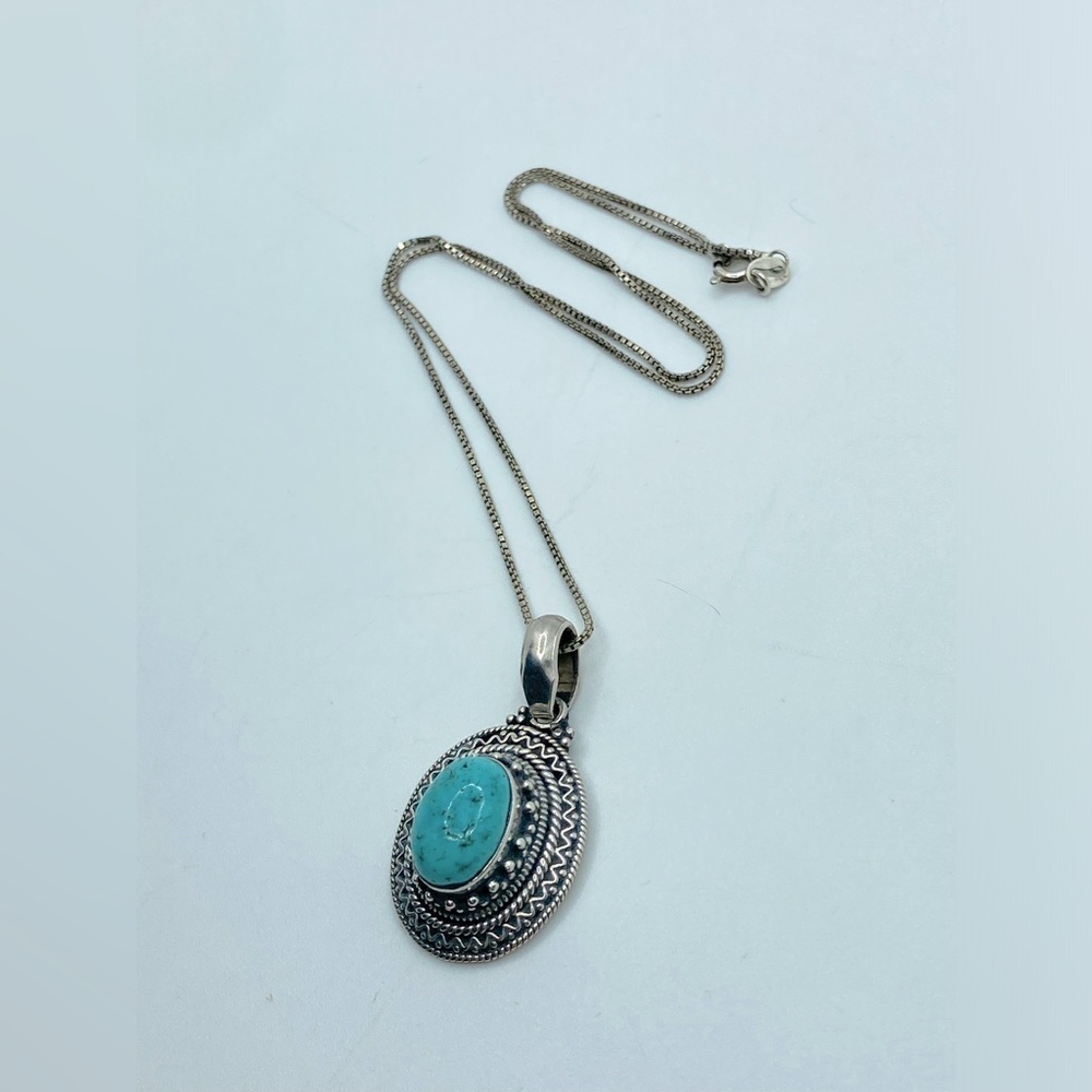 Vtg Sterling & Turquoise Oval Cabochon Pendant w Chain Boho Tribal / 18” + 1.6” - Picture 3 of 8